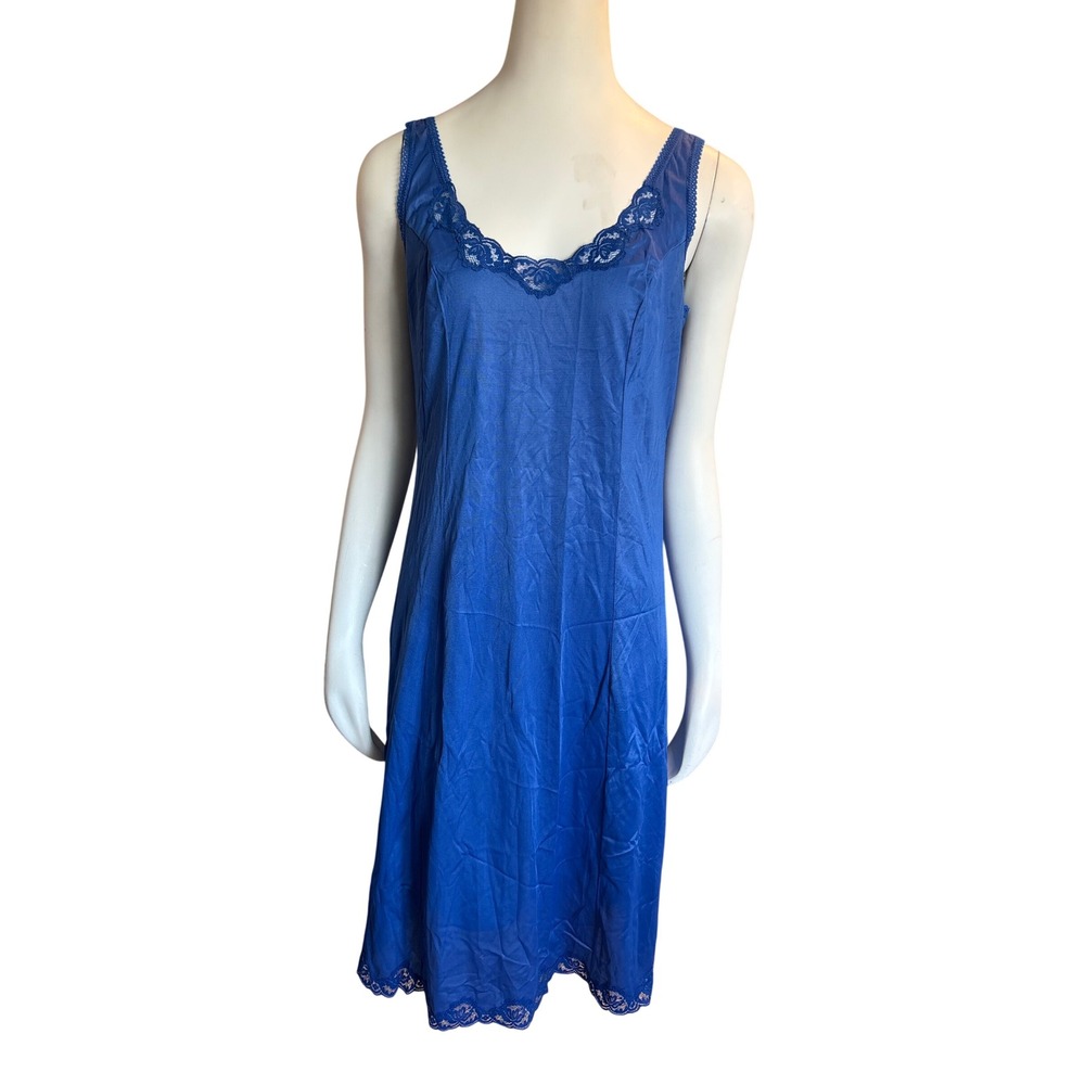 Vintage Sears Place De La Mode Royal Blue Lace Trim Full Slip Lingerie 38 39L